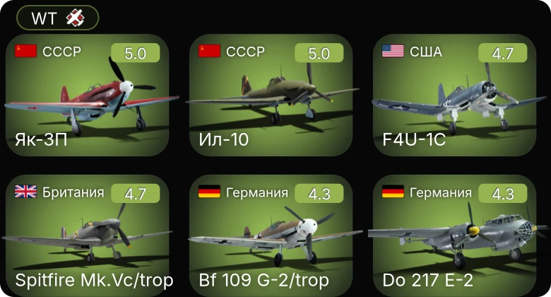 WT — F4U-1C | Bf 109 G-2/trop | Fw 190 A-5 | Fw 190 A-5/U12 | Як-3П