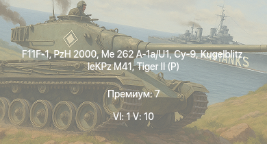 WT — 6 ранг: 1шт 5 ранг: 10шт F11F-1 | PzH 2000 | Me 262 A-1a/U1 | ИС-3 | ЗСУ-23-4М2 | БТР-80А |  | Т-44-100 | Объект 268 | ЗСУ-57-2