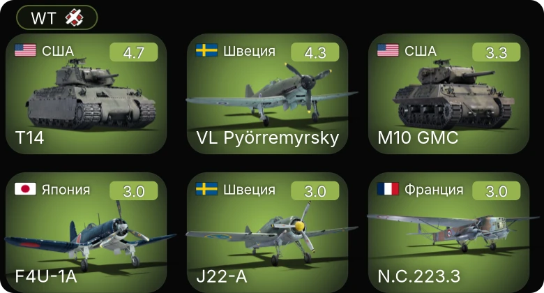 WT — T14 | VL Pyörremyrsky | M10 GMC | A7He1 | F4U-1A