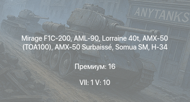 WT — 7 ранг: 1шт 5 ранг: 10шт Mirage F1C-200 | Lorraine 40t | AMX-50 (TOA100) | AML-90 | AMX-50 Surbaissé | Somua SM | H-34 | ИС-3 | AMX-10M | AMX-50 Foch