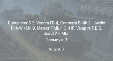 WT — 6 ранг: 2шт 5 ранг: 7шт Buccaneer S.2 | Venom FB.4 | Scout AH.Mk.1 | Canberra B.Mk.2 | Javelin F.(A.W.) Mk.9 | Vampire F.B.5 | Meteor F Mk.4 G.41F | Meteor F Mk.3 | Sea Meteor F Mk.3 | Spitfire F Mk.22