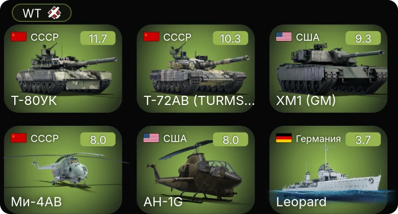 WT — 7 ранг: 2шт 6 ранг: 1шт 5 ранг: 2шт Т-72АВ (TURMS-T)