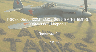 WT — 7 ранг: 1шт 6 ранг: 7шт 5 ранг: 12шт Т-80УК | 2C25 | БМП-3 | БМП-2 | Объект 685 | Object 122MT MC | Т-10М | БМП-1 | Объект 906 | Magach 3