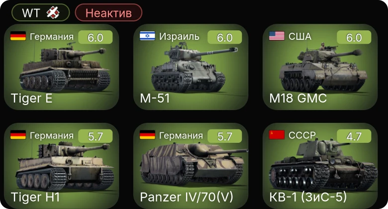 WT — Неактив | M-51 | M18 GMC | КВ-1 (ЗиС-5) | СУ-152 | ИСУ-152