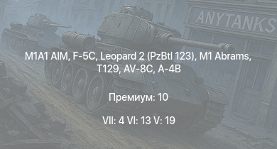 WT — 7 ранг: 4шт 6 ранг: 13шт 5 ранг: 19шт M1A1 AIM | Leopard 2 (PzBtl 123) | F-5C | M1 Abrams | T129 | AV-8C | F-104A | F-100D | XM803 | M247
