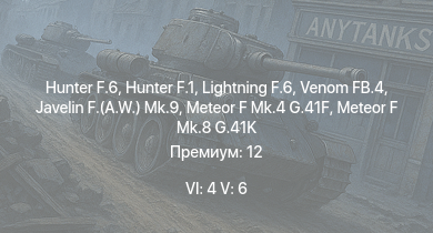 WT — 6 ранг: 4шт 5 ранг: 6шт Hunter F.6 | Lightning F.6 | Hunter F.1 | Venom FB.4 | Scout AH.Mk.1 | Javelin F.(A.W.) Mk.9 | Vampire F.B.5 | Meteor F Mk.8 G.41K | Meteor F Mk.4 G.41F | Meteor F Mk.3