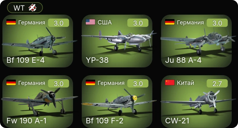 WT — Ki-43-II | P-40F-10 | P-40E-1 | YP-38 | Bf 109 E-4