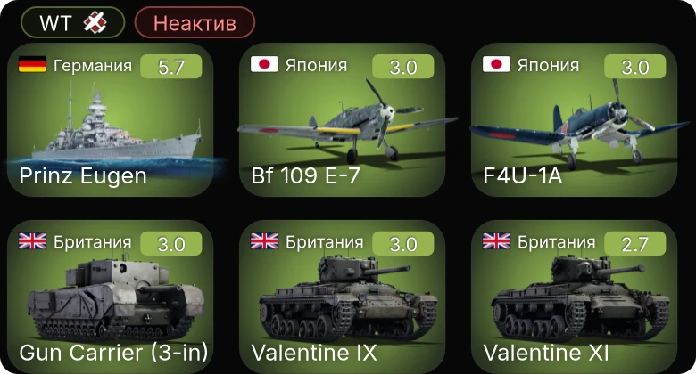WT — Неактив | Prinz Eugen | Valentine IX | Valentine XI | Gun Carrier (3-in) | Archer