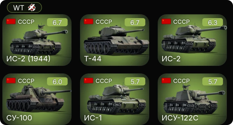 WT —  Т-44 | ИС-2 (1944) | ИС-2 | СУ-100 | ИС-1 | Т-34-85 | ИСУ-122С | Т-34-85 (Д-5Т) | ИСУ-122 | ПТ-76Б
