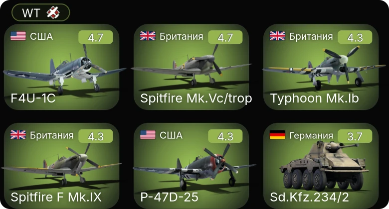 WT — F4U-1C | P-63A-5 | P-47D-25 | Ла-5ФН | Spitfire F Mk.IX