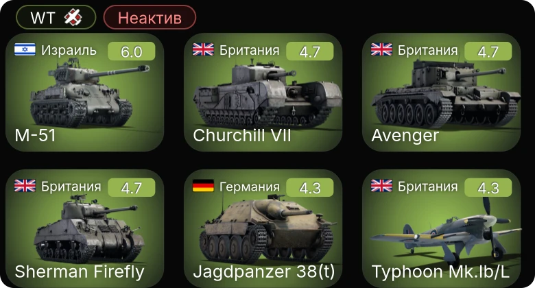 WT — Неактив | M-51 | Jagdpanzer 38(t) | Avenger | Churchill VII | Sherman Firefly