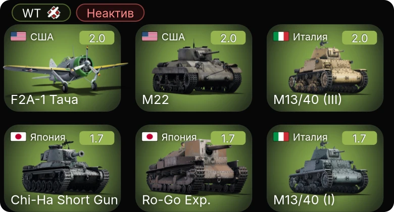 WT — Неактив | Chi-Ha Short Gun | M22 | M2A4 | M2 | F2A-1 Тача
