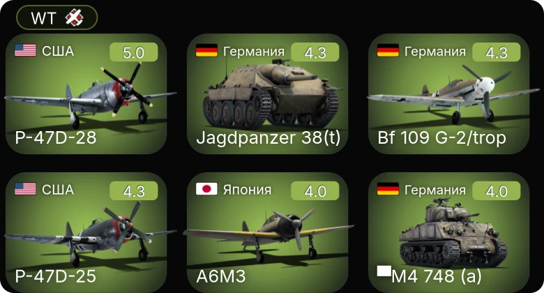 WT — Bf 109 G-2/trop | P-47D-25 | P-47D-28 | Jagdpanzer 38(t) | Bf 109 F-4/trop