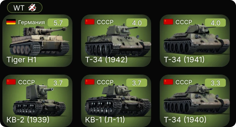 WT — КВ-2 (1939) | Т-34 (1942) | Т-34 (1941) | Т-34 (1940) | Typhoon Mk.Ia