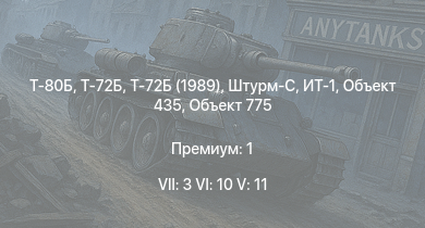 WT — 7 ранг: 3шт 6 ранг: 10шт 5 ранг: 11шт Т-80Б | Т-72Б | Т-72Б (1989) | Объект 775 | Т-64А (1971) | Т-72А | Т-55АМД-1 | ИТ-1 | Объект 435 | Т-62