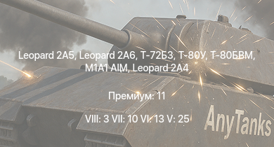 WT — 8 ранг: 3шт 7 ранг: 10шт 6 ранг: 13шт Leopard 2A5 | Leopard 2A6 | Т-80БВМ | Т-80У | Т-72Б3 | M1A1 AIM | Т-90А | Leopard 2A4 | Т-80Б | 2С6