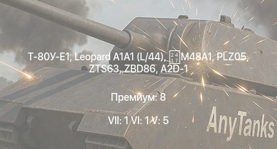 WT — 7 ранг: 1шт 6 ранг: 1шт 5 ранг: 5шт Т-80У-Е1 | Leopard A1A1 (L/44) | ZBD86 |  | ZTS63 | PLZ05 | A2D-1 |  |  | leKPz M41