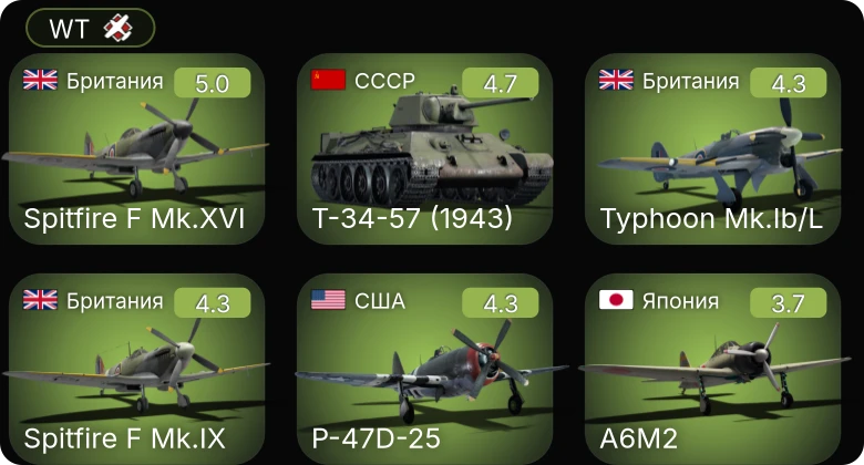WT — P-47D-25 | Т-34-57 (1943) | Typhoon Mk.Ib/L | Spitfire F Mk.IX | Spitfire F Mk.XVI