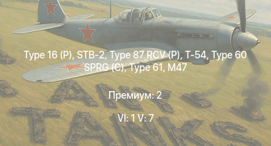 WT — 6 ранг: 1шт 5 ранг: 7шт Type 16 (P) | STB-2 | Т-54 | Type 87 RCV (P) | Type 99 |  | Ho-Ri Production | ZSU-57-2 | Type 61 | Type 60 SPRG (C)