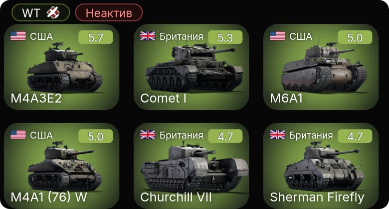 WT — Неактив | Bf 109 G-2/trop | Fw 190 A-5 | M4A1 (76) W | M6A1 | M4A3E2