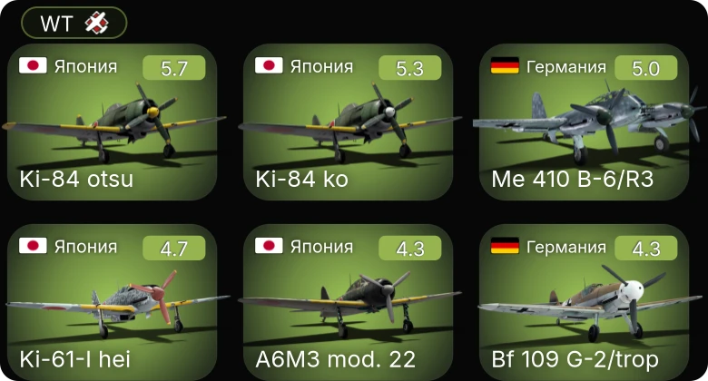 WT — Bf 109 G-2/trop | Me 410 B-6/R3 | Ki-84 ko | Ki-61-I hei | Ki-84 otsu