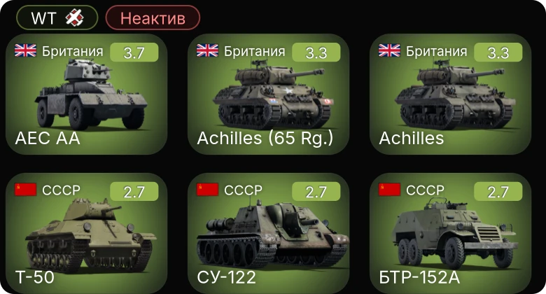 WT — Неактив | Achilles (65 Rg.) | СУ-122 | Т-50 | Т-80 | БТР-152А