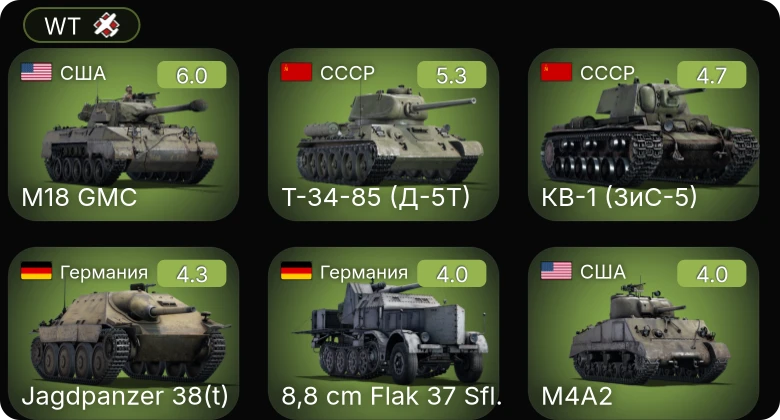 WT — M24 | M18 GMC | 8,8 cm Flak 37 Sfl. | Jagdpanzer 38(t) | Т-34-85 (Д-5Т)