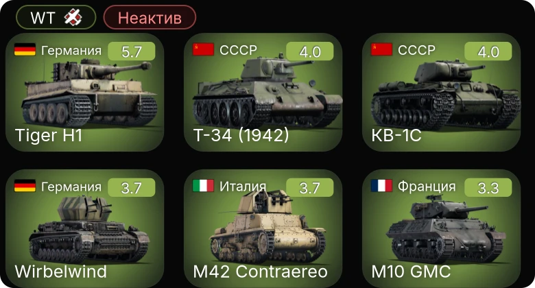 WT — Неактив | M42 Contraereo | Т-34 (1942) | БТР-152А | КВ-1С | Ki-44-I