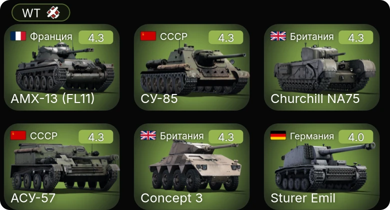 WT — БТР-152Д | СУ-152 | СУ-85 | АСУ-57 | Churchill NA75