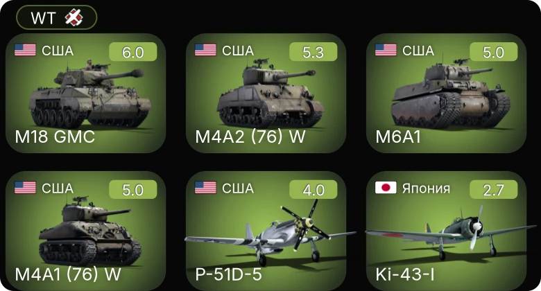 WT — P-51D-5 | M4A2 (76) W | M6A1 | M4A1 (76) W | M18 GMC