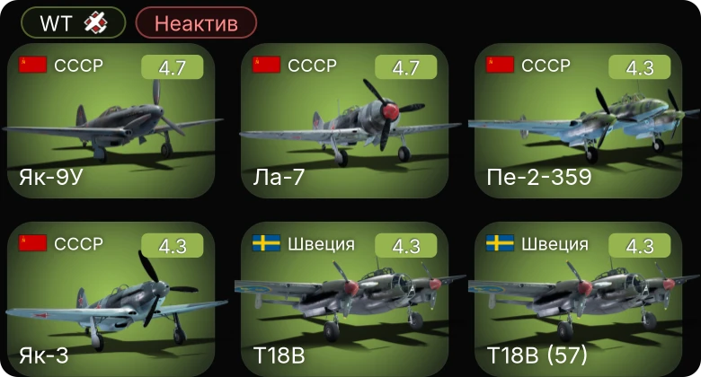 WT — Неактив | Me 410 A-1 | Як-3 | Пе-2-359 | Як-9У | Пе-2-110