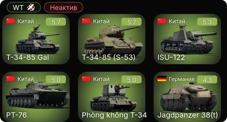 WT — Неактив | 8,8 cm Flak 37 Sfl. | ▀KW II 754 (r) | Jagdpanzer 38(t) | ␗ISU-122 | ␗PT-76
