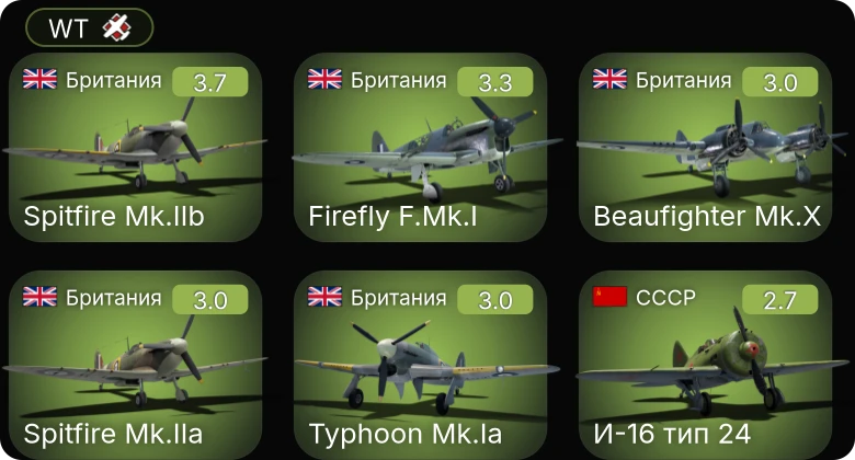 WT — Firefly F.Mk.I | ЛаГГ-3-11 | Spitfire Mk.IIa | Spitfire Mk.IIb | Beaufighter Mk.X