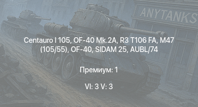 WT — 6 ранг: 3шт 5 ранг: 3шт Centauro I 105 | OF-40 Mk.2A | SIDAM 25 | OF-40 | R3 T106 FA | M47 (105/55) | FIAT 6614 | M26A1 | AUBL/74 | R3 T20 FA-HS