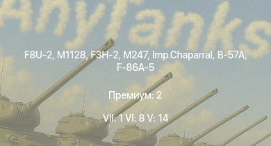 WT — 7 ранг: 1шт 6 ранг: 8шт 5 ранг: 14шт M1128 | F8U-2 | M247 | F3H-2 | Imp.Chaparral | M551 | B-57A | UH-1B | M60A2 | M3 Bradley