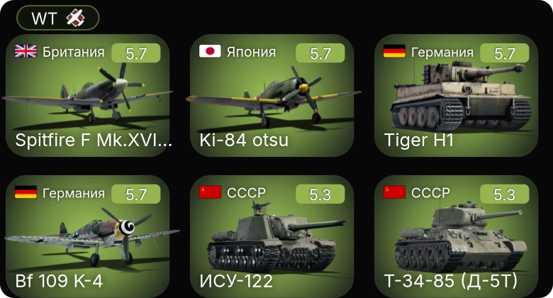 WT — Fw 190 A-5 | Bf 109 K-4 | Me 410 B-6/R3 | Spitfire F Mk.XVIIIe | Ki-84 otsu