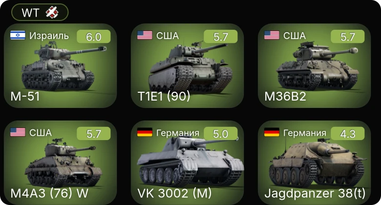 WT — M-51 | M4A3 (76) W | T1E1 (90) | M36B2 | Jagdpanzer 38(t)