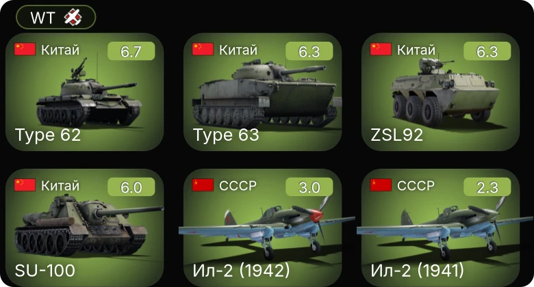 WT — ZSL92 | Type 62 | ␗SU-100 | Ил-2 (1941) | МиГ-3-15 (БК)