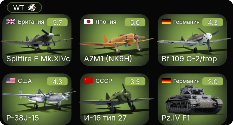 WT — Bf 109 G-2/trop | Spitfire F Mk.XIVc | A7M1 (NK9H) | P-38J-15 | И-16 тип 27