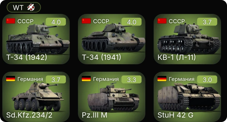 WT — Sd.Kfz.234/2 | СУ-57Б | Т-34 (1941) | Т-50 | Т-34 (1942)