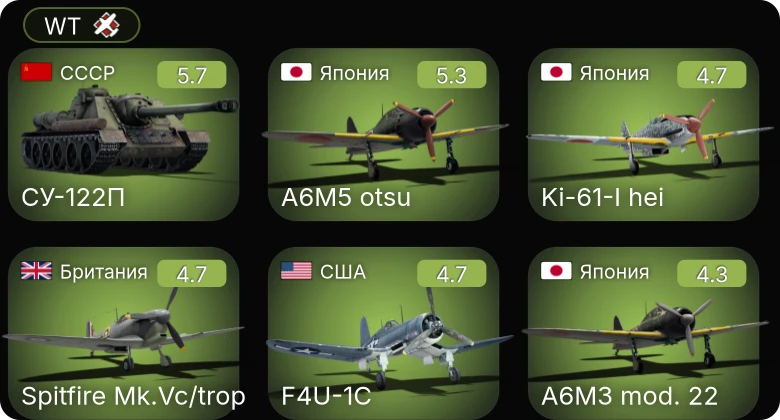 WT — F4U-1C | Ki-61-I hei | A6M5 otsu | P-51 | P-63C-5
