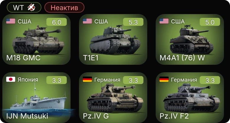 WT — Неактив | Гроза | M18 GMC | M4A1 (76) W | T1E1 | Пр.1204 поздний