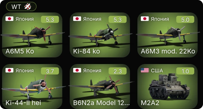 WT — A6M5 Ко | Ki-84 ko | A6M3 mod. 22Ko | B6N2a Model 12Ko | Ki-44-II hei