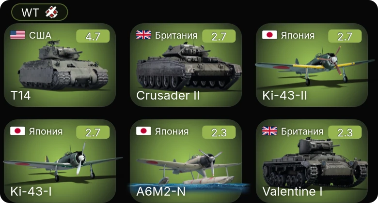 WT — T14 | Crusader II | Valentine I | A6M2-N | N1K1