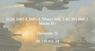 WT — 7 ранг: 1шт 6 ранг: 6шт 5 ранг: 24шт 2С38 | БМП-3 | Т-62 | БМП-2 | Объект 685 | SA 313B Alouette II | Т-55А |  | SPz BMP-1 | Ми-4АВ