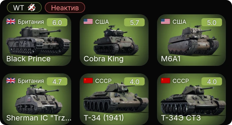 WT — Неактив | Black Prince | M6A1 | Cobra King | Achilles (65 Rg.) | Sherman IC "Trzyniec"