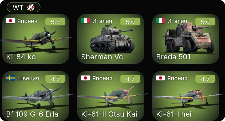 WT — Ki-84 ko | Ki-61-I hei | Sherman Vc | J21A-1 | Bf 109 G-2