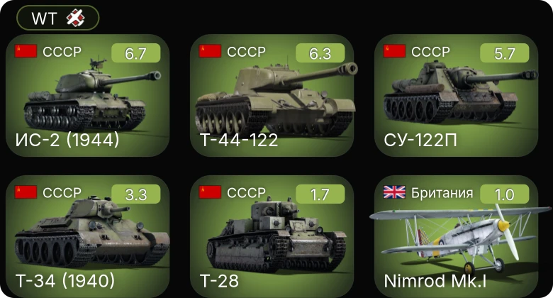 WT — Т-44-122 | ИС-2 (1944) | Т-34 (1940) | P-26A-34 M2 | P-26A-33