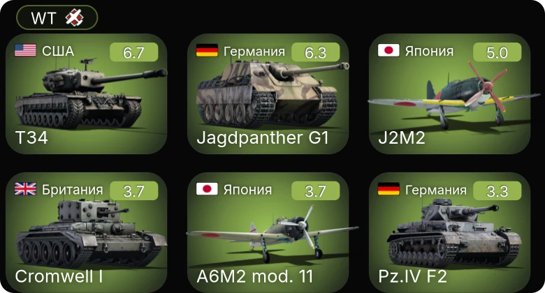 WT — T34 | Jagdpanther G1 | J2M2 | Cromwell I | A6M2 mod. 11