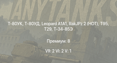 WT — 7 ранг: 2шт 6 ранг: 2шт 5 ранг: 1шт Т-80УК | Т-80УД |  | RakJPz 2 (HOT) | T95 | T29 |  | КВ-122 | ПТ-76Б | КВ-2 (ЗиС-6)